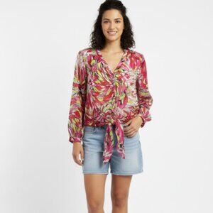 Nue Options Pink Green Colorful Soft Chiffon Tie Front Button Down XL Retro